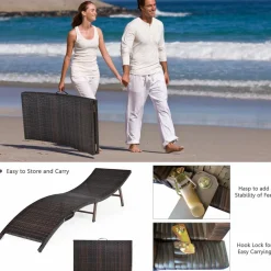 2 Pieces Patio Rattan Chaise Lounge, Outdoor Wicker Lounge Chair