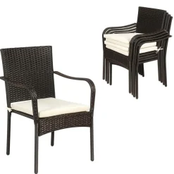 4 Pieces Patio Rattan Dining Chairs, Outdoor Stackable Wicker Chairs with Comfortable Cushions and Armrests