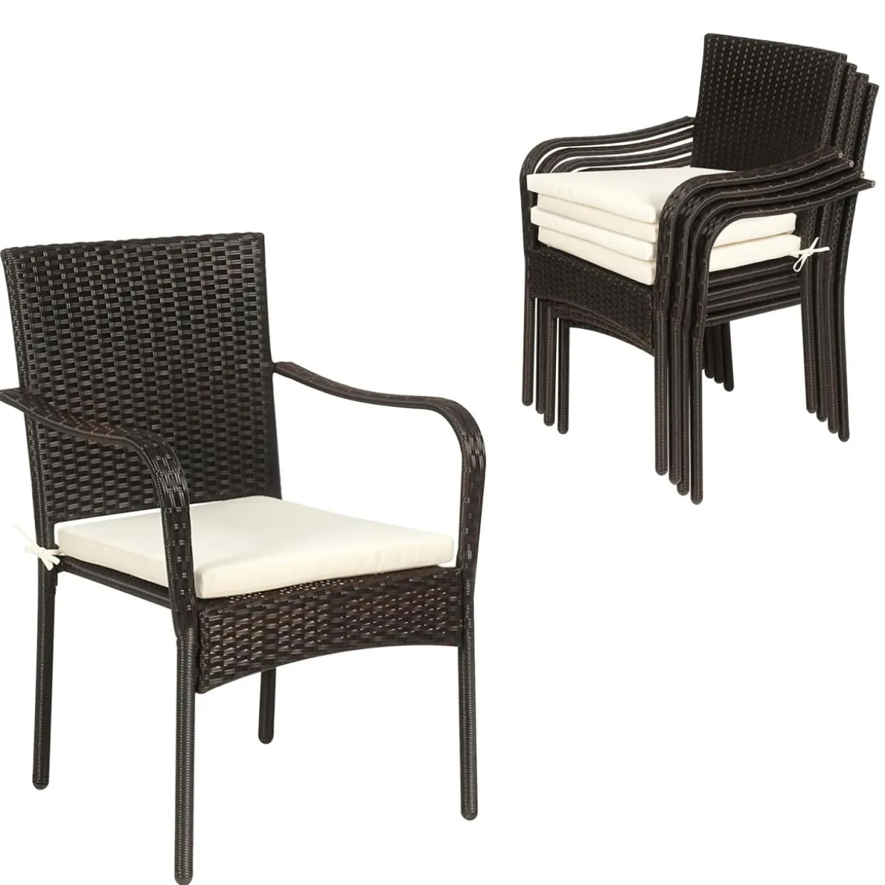 4 Pieces Patio Rattan Dining Chairs, Outdoor Stackable Wicker Chairs with Comfortable Cushions and Armrests