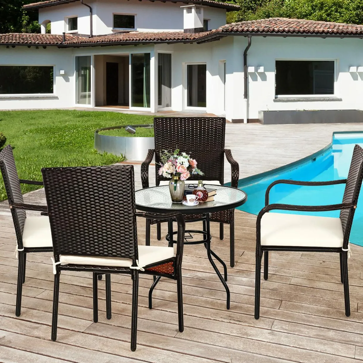4 Pieces Patio Rattan Dining Chairs, Outdoor Stackable Wicker Chairs with Comfortable Cushions and Armrests
