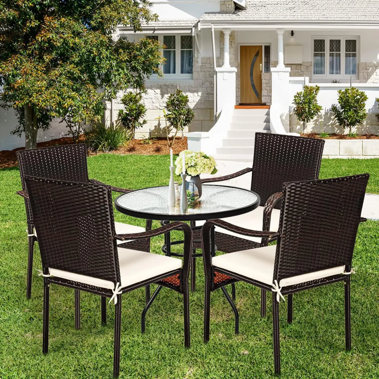 4 Pieces Patio Rattan Dining Chairs, Outdoor Stackable Wicker Chairs with Comfortable Cushions and Armrests