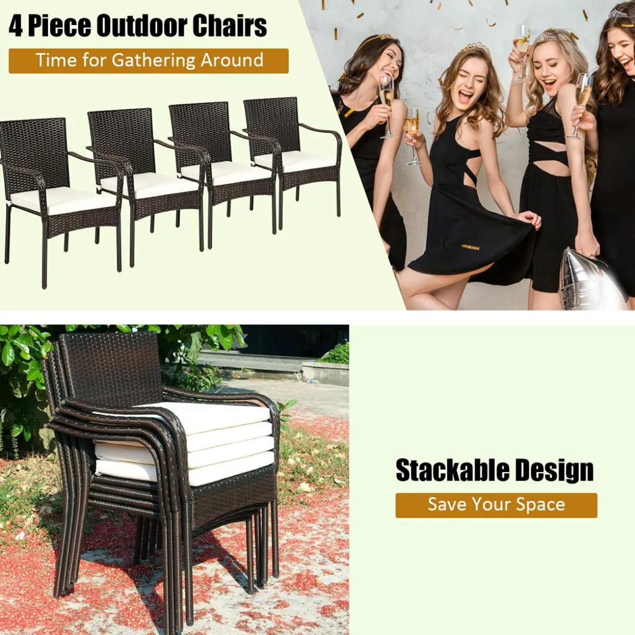 4 Pieces Patio Rattan Dining Chairs, Outdoor Stackable Wicker Chairs with Comfortable Cushions and Armrests