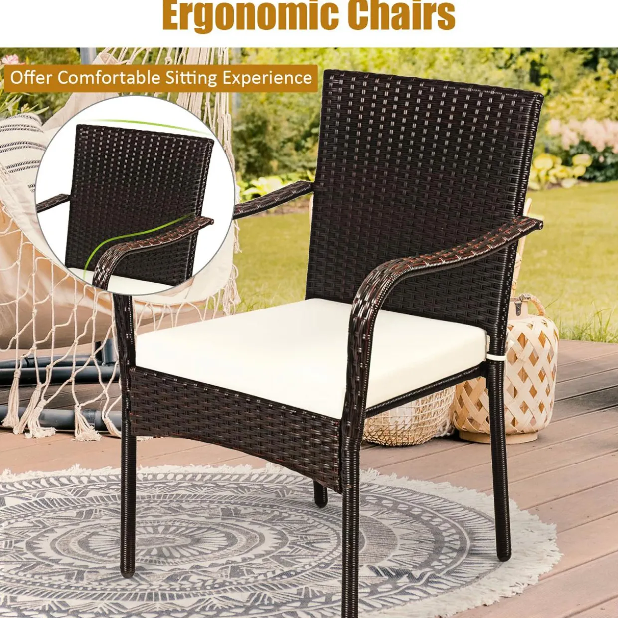 4 Pieces Patio Rattan Dining Chairs, Outdoor Stackable Wicker Chairs with Comfortable Cushions and Armrests