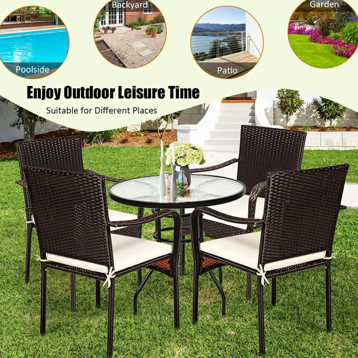 4 Pieces Patio Rattan Dining Chairs, Outdoor Stackable Wicker Chairs with Comfortable Cushions and Armrests