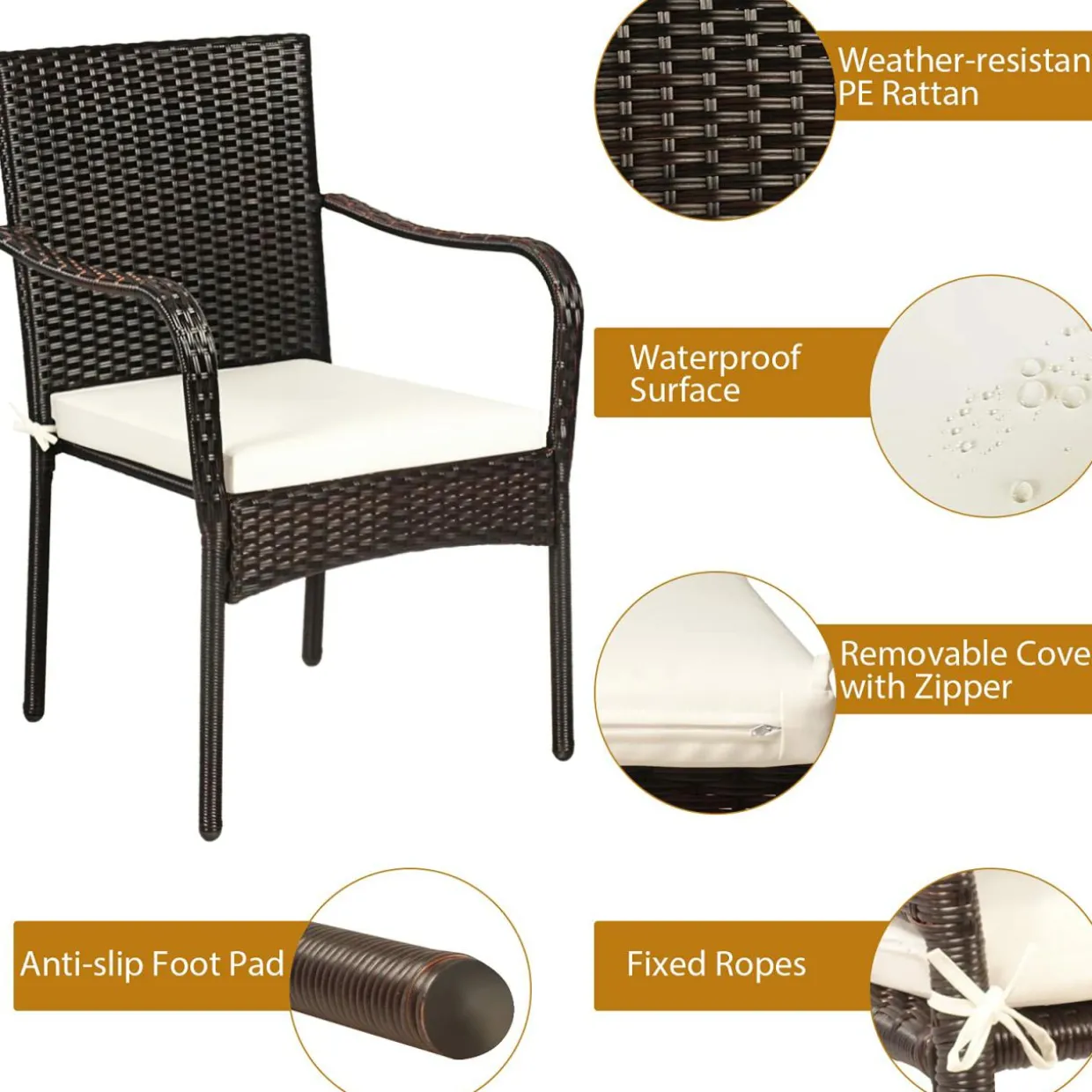 4 Pieces Patio Rattan Dining Chairs, Outdoor Stackable Wicker Chairs with Comfortable Cushions and Armrests