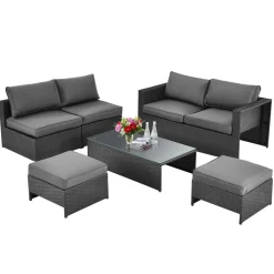 6 Pieces Patio Rattan Furniture Set, Patiojoy No Assembly Outdoor Conversation Set