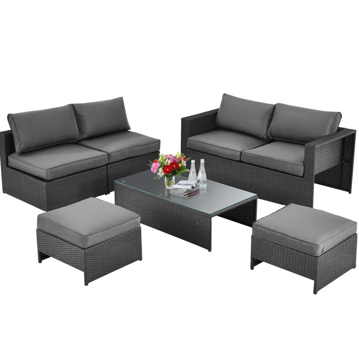 6 Pieces Patio Rattan Furniture Set, Patiojoy No Assembly Outdoor Conversation Set