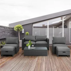 6 Pieces Patio Rattan Furniture Set, Patiojoy No Assembly Outdoor Conversation Set