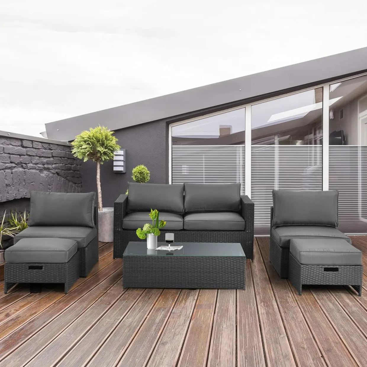 6 Pieces Patio Rattan Furniture Set, Patiojoy No Assembly Outdoor Conversation Set