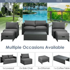 6 Pieces Patio Rattan Furniture Set, Patiojoy No Assembly Outdoor Conversation Set