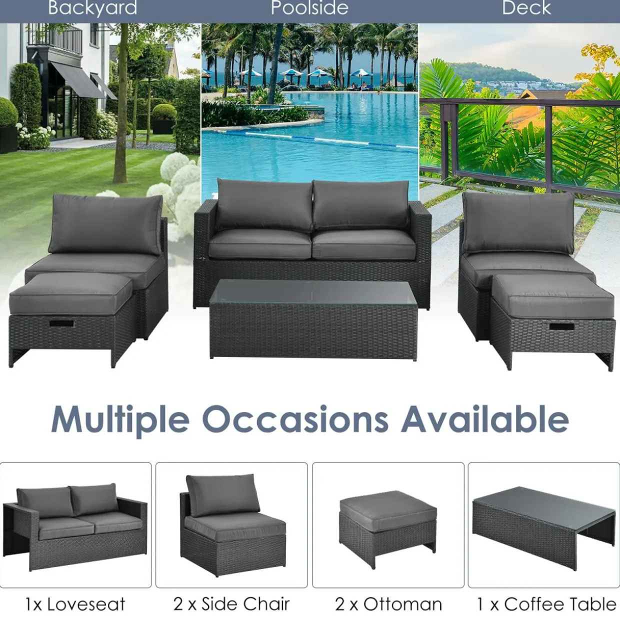 6 Pieces Patio Rattan Furniture Set, Patiojoy No Assembly Outdoor Conversation Set