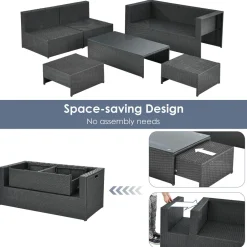 6 Pieces Patio Rattan Furniture Set, Patiojoy No Assembly Outdoor Conversation Set
