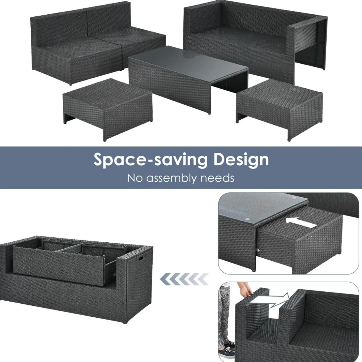 6 Pieces Patio Rattan Furniture Set, Patiojoy No Assembly Outdoor Conversation Set