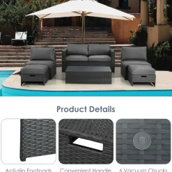 6 Pieces Patio Rattan Furniture Set, Patiojoy No Assembly Outdoor Conversation Set