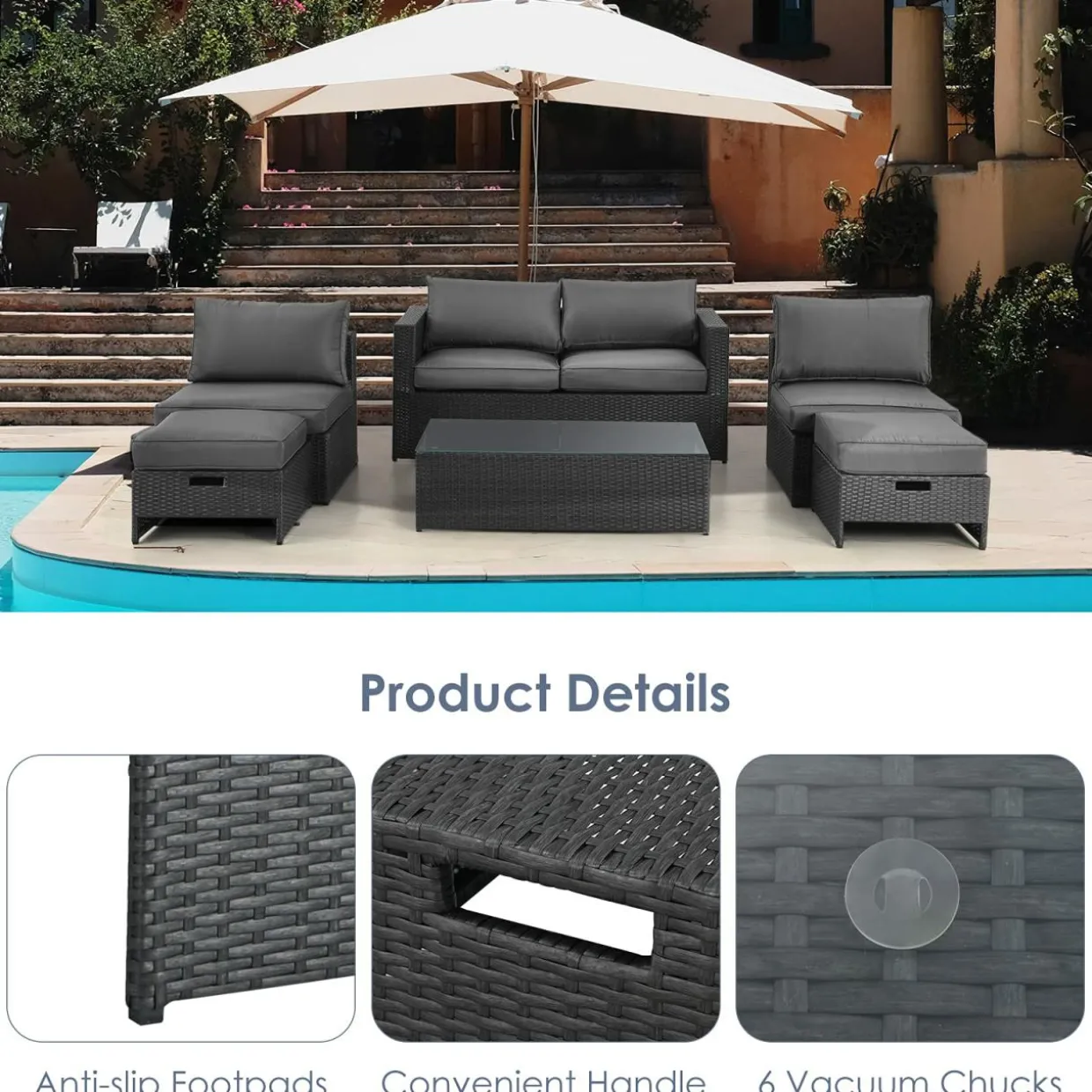 6 Pieces Patio Rattan Furniture Set, Patiojoy No Assembly Outdoor Conversation Set