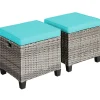2 Pieces Patio Rattan Ottomans, Outdoor Wicker Footstool Footrest Seat with Soft Cushions and Steel Frame