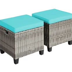 2 Pieces Patio Rattan Ottomans, Outdoor Wicker Footstool Footrest Seat with Soft Cushions and Steel Frame
