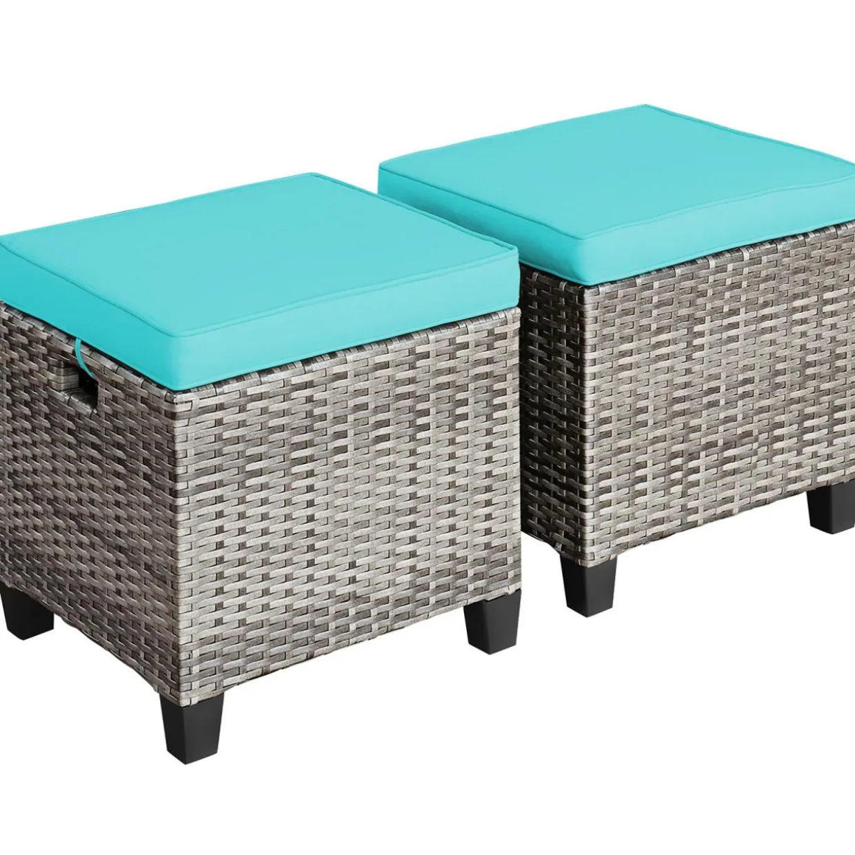 2 Pieces Patio Rattan Ottomans, Outdoor Wicker Footstool Footrest Seat with Soft Cushions and Steel Frame