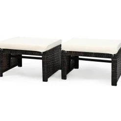 2 Pieces Patio Rattan Ottomans, All Weather Outdoor Footstool Footrest Seat