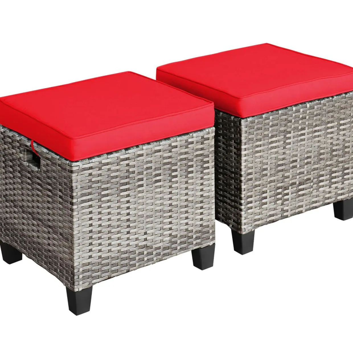 2 Pieces Patio Rattan Ottomans, Outdoor Wicker Footstool Footrest Seat with Soft Cushions and Steel Frame