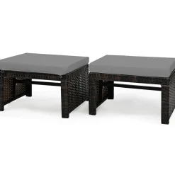 2 Pieces Patio Rattan Ottomans, All Weather Outdoor Footstool Footrest Seat