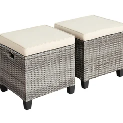 2 Pieces Patio Rattan Ottomans, Outdoor Wicker Footstool Footrest Seat with Soft Cushions and Steel Frame