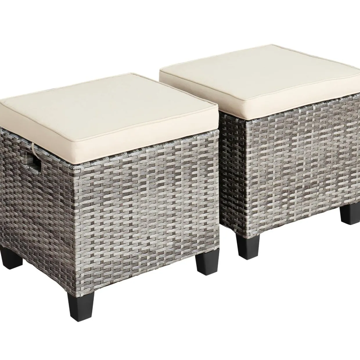 2 Pieces Patio Rattan Ottomans, Outdoor Wicker Footstool Footrest Seat with Soft Cushions and Steel Frame