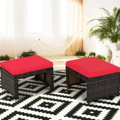 2 Pieces Patio Rattan Ottomans, All Weather Outdoor Footstool Footrest Seat