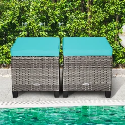 2 Pieces Patio Rattan Ottomans, Outdoor Wicker Footstool Footrest Seat with Soft Cushions and Steel Frame
