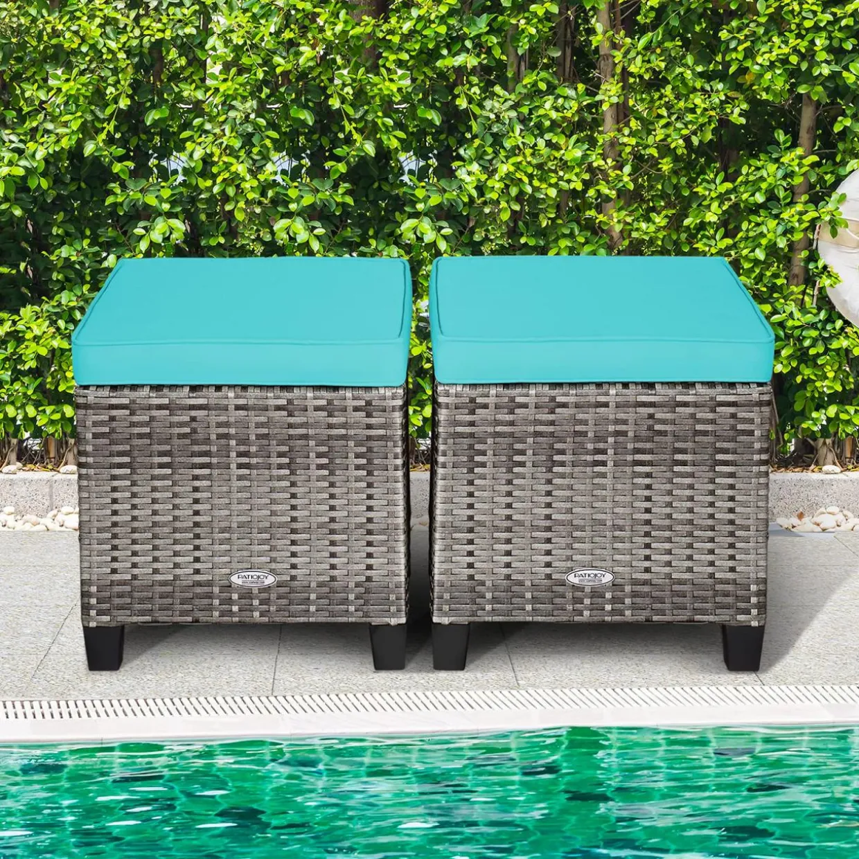 2 Pieces Patio Rattan Ottomans, Outdoor Wicker Footstool Footrest Seat with Soft Cushions and Steel Frame