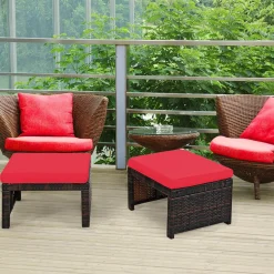2 Pieces Patio Rattan Ottomans, All Weather Outdoor Footstool Footrest Seat