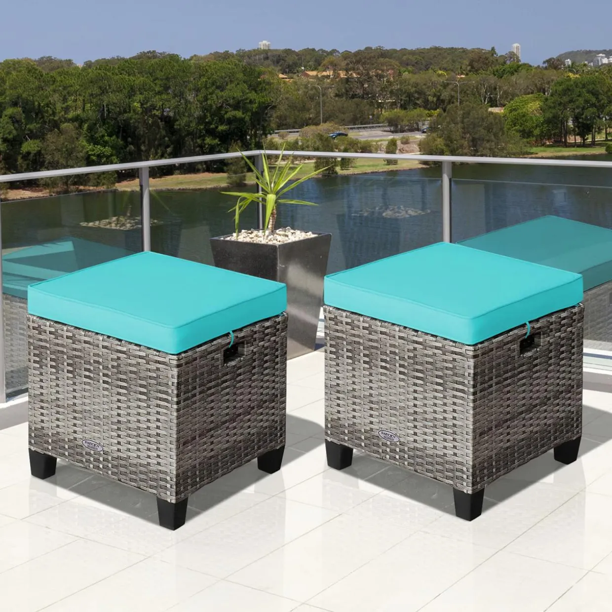 2 Pieces Patio Rattan Ottomans, Outdoor Wicker Footstool Footrest Seat with Soft Cushions and Steel Frame