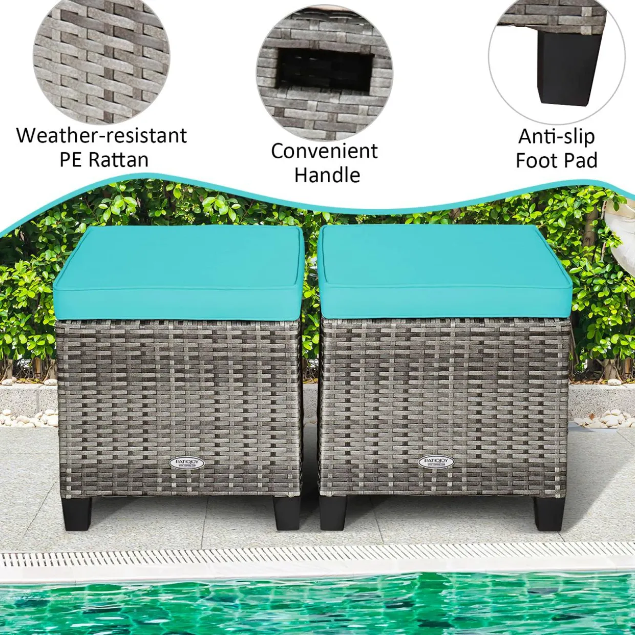 2 Pieces Patio Rattan Ottomans, Outdoor Wicker Footstool Footrest Seat with Soft Cushions and Steel Frame
