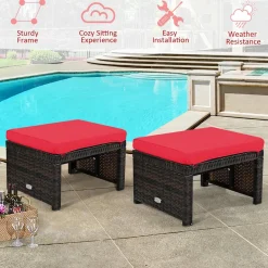 2 Pieces Patio Rattan Ottomans, All Weather Outdoor Footstool Footrest Seat