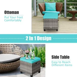 2 Pieces Patio Rattan Ottomans, Outdoor Wicker Footstool Footrest Seat with Soft Cushions and Steel Frame