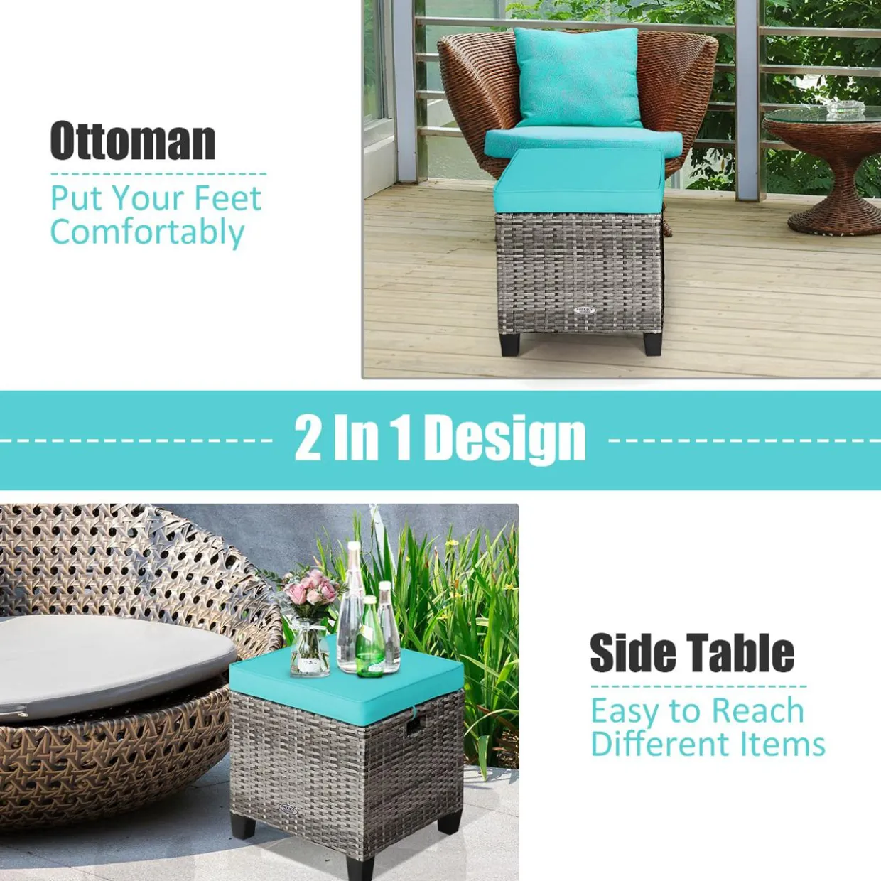 2 Pieces Patio Rattan Ottomans, Outdoor Wicker Footstool Footrest Seat with Soft Cushions and Steel Frame