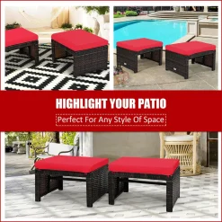 2 Pieces Patio Rattan Ottomans, All Weather Outdoor Footstool Footrest Seat