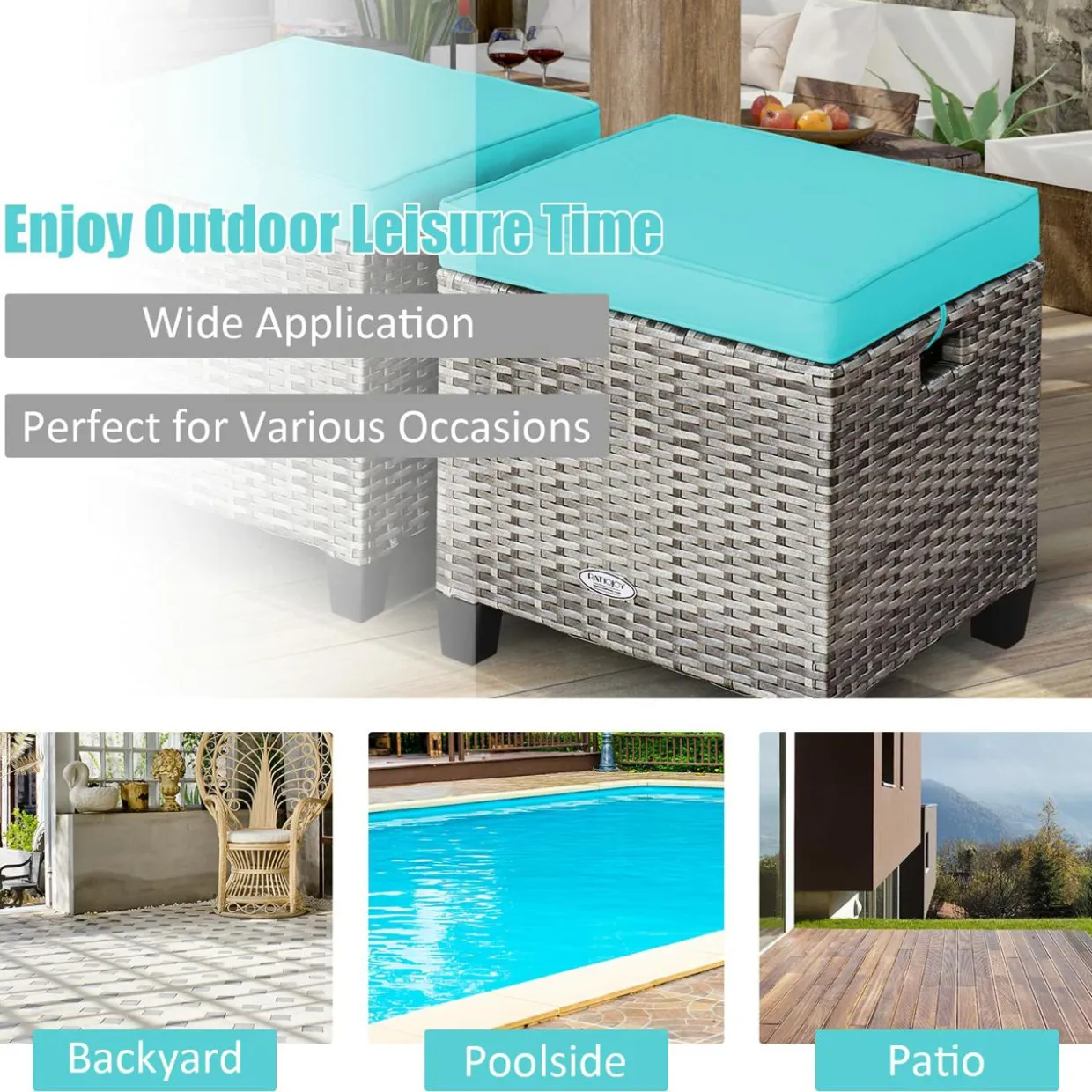 2 Pieces Patio Rattan Ottomans, Outdoor Wicker Footstool Footrest Seat with Soft Cushions and Steel Frame
