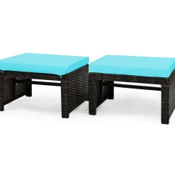 2 Pieces Patio Rattan Ottomans, All Weather Outdoor Footstool Footrest Seat