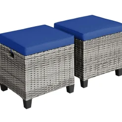 2 Pieces Patio Rattan Ottomans, Outdoor Wicker Footstool Footrest Seat with Soft Cushions and Steel Frame