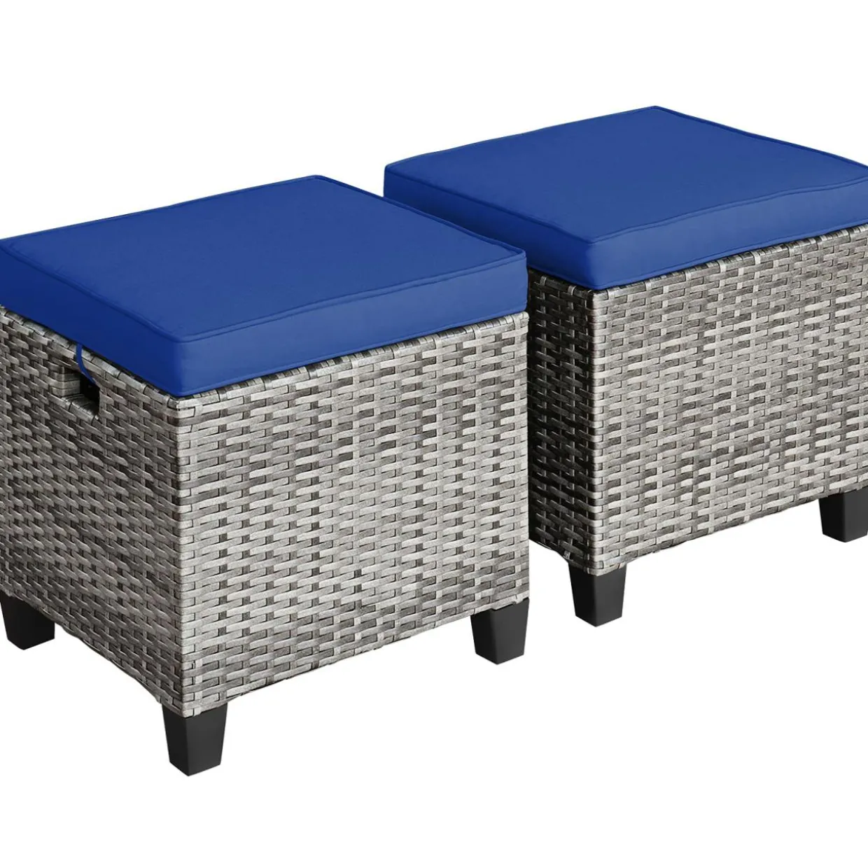 2 Pieces Patio Rattan Ottomans, Outdoor Wicker Footstool Footrest Seat with Soft Cushions and Steel Frame