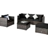 6 Pieces Patio Rattan Sectional Furniture Set, Outdoor Wicker Conversation Set with Glass Coffee Table Sofa Ottoman