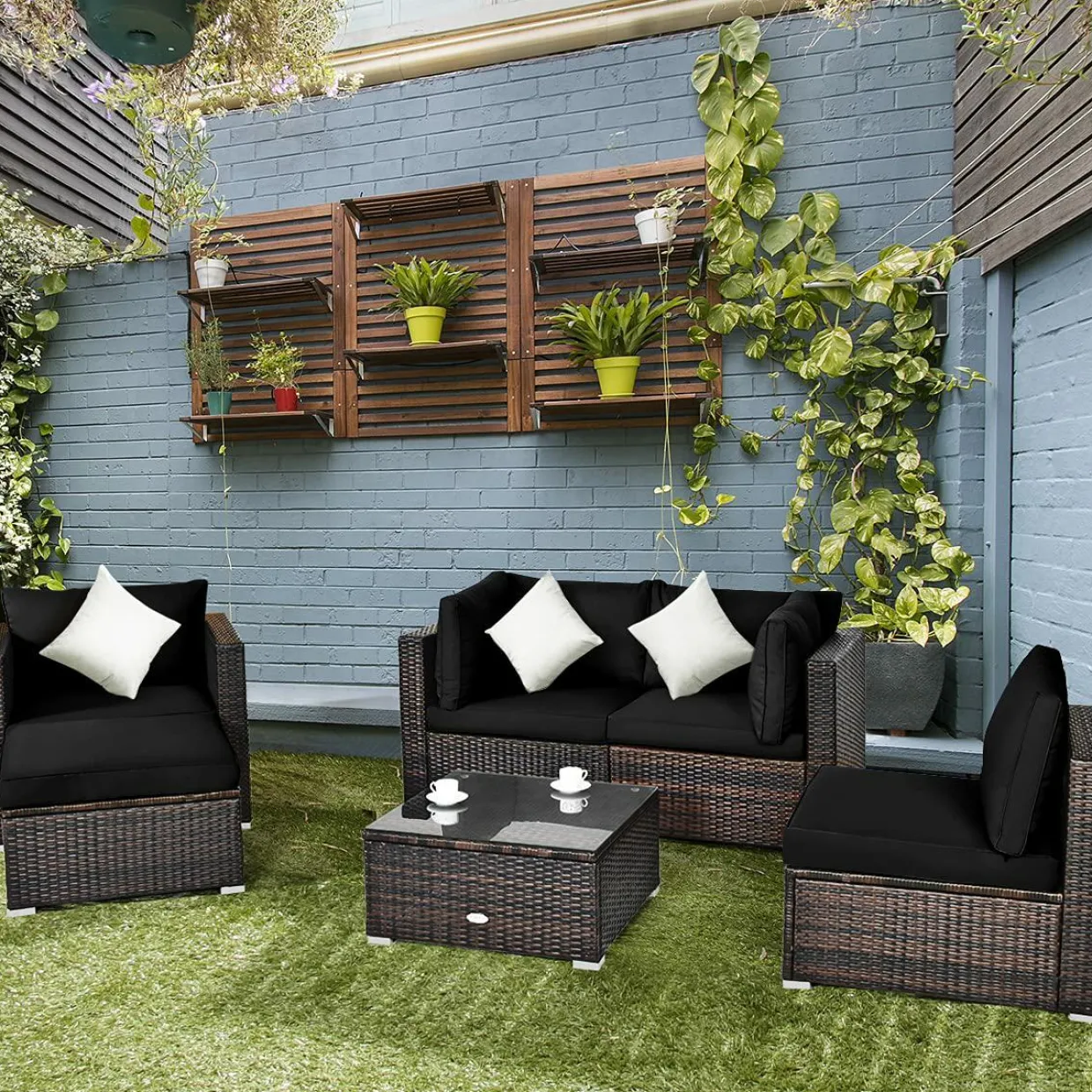 6 Pieces Patio Rattan Sectional Furniture Set, Outdoor Wicker Conversation Set with Glass Coffee Table Sofa Ottoman