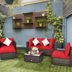 6 Pieces Patio Rattan Sectional Furniture Set, Outdoor Wicker Conversation Set with Glass Coffee Table Sofa Ottoman