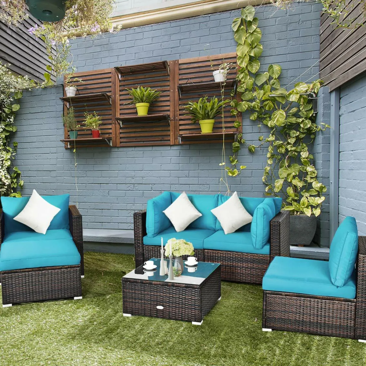 6 Pieces Patio Rattan Sectional Furniture Set, Outdoor Wicker Conversation Set with Glass Coffee Table Sofa Ottoman