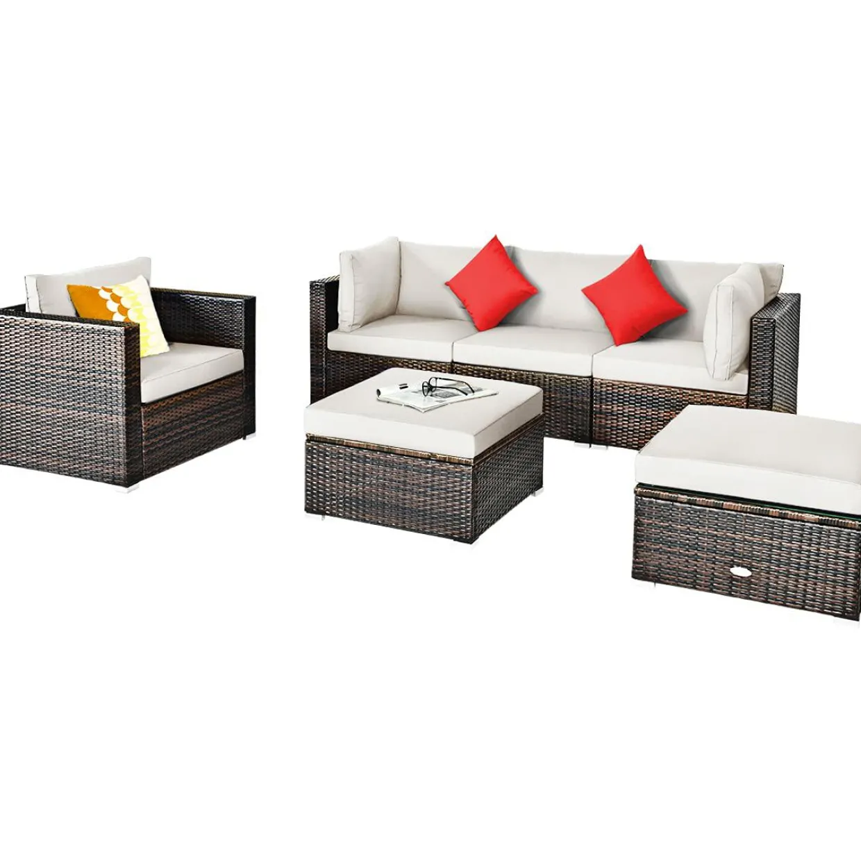 6 Pieces Patio Rattan Sectional Furniture Set, Outdoor Wicker Conversation Set with Glass Coffee Table Sofa Ottoman