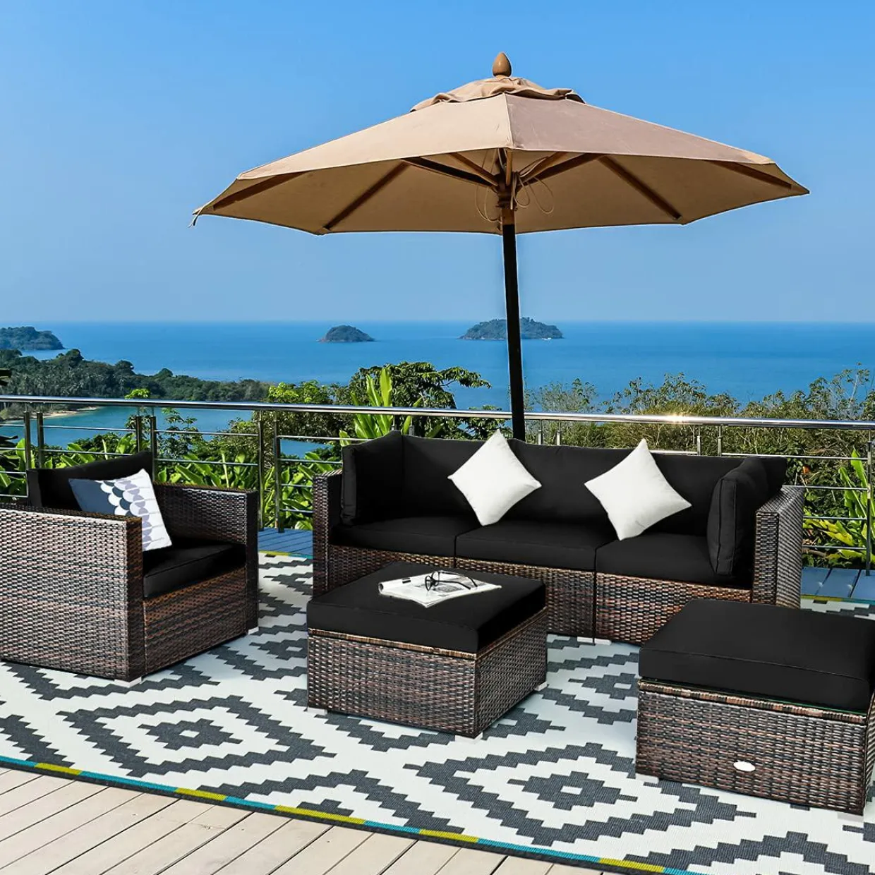 6 Pieces Patio Rattan Sectional Furniture Set, Outdoor Wicker Conversation Set with Glass Coffee Table Sofa Ottoman