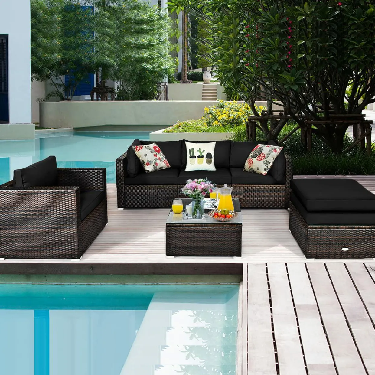 6 Pieces Patio Rattan Sectional Furniture Set, Outdoor Wicker Conversation Set with Glass Coffee Table Sofa Ottoman