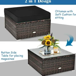 6 Pieces Patio Rattan Sectional Furniture Set, Outdoor Wicker Conversation Set with Glass Coffee Table Sofa Ottoman