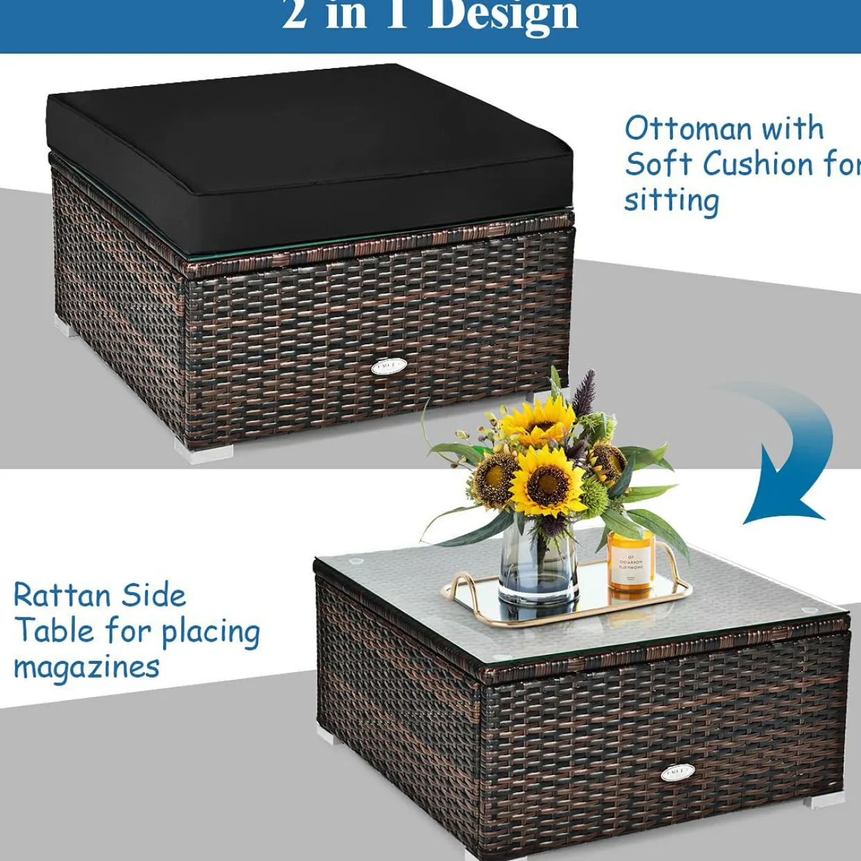 6 Pieces Patio Rattan Sectional Furniture Set, Outdoor Wicker Conversation Set with Glass Coffee Table Sofa Ottoman